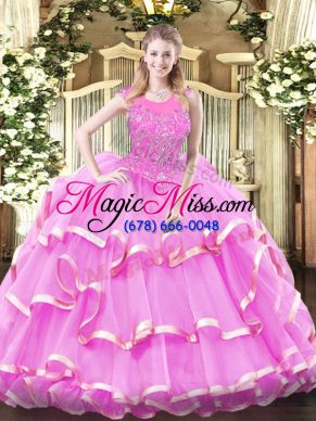 Cheap Lilac Sweet 16 Dresses Military Ball and Sweet 16 and Quinceanera with Beading and Ruffled Layers Scoop Sleeveless Zipper