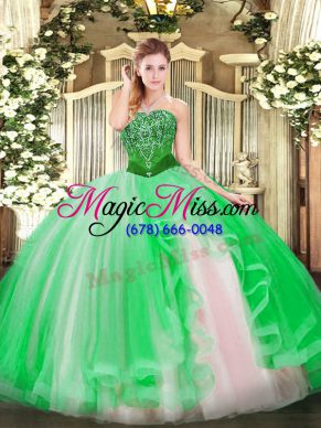 Green Tulle Lace Up Ball Gown Prom Dress Sleeveless Floor Length Beading and Ruffles