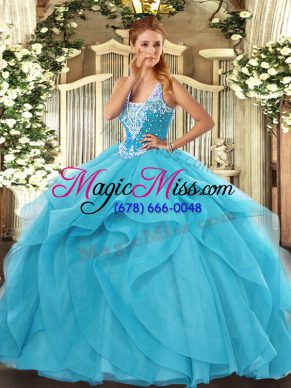 Ball Gowns 15th Birthday Dress Aqua Blue Straps Tulle Sleeveless Floor Length Lace Up