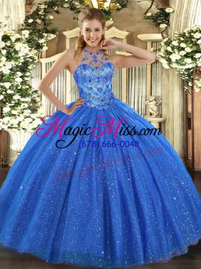 Sweet Halter Top Sleeveless Lace Up 15 Quinceanera Dress Blue Tulle