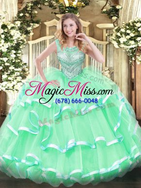 Apple Green Lace Up Scoop Beading and Ruffles Vestidos de Quinceanera Tulle Sleeveless