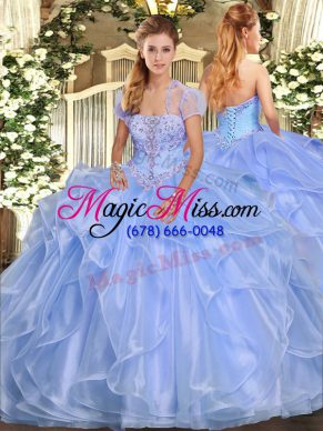 Modern Light Blue Ball Gowns Organza Strapless Sleeveless Appliques and Ruffles Floor Length Lace Up Ball Gown Prom Dress