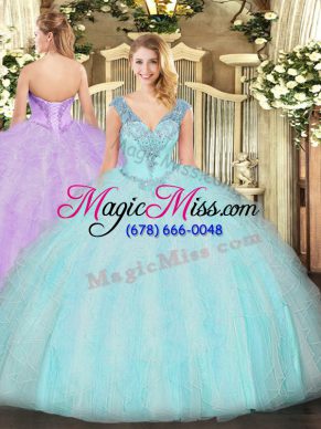 Beautiful Aqua Blue Ball Gowns Ruffles Quinceanera Gown Lace Up Organza Sleeveless Floor Length