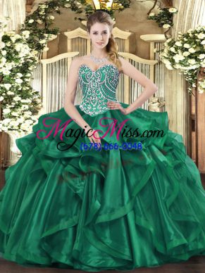 Artistic Dark Green Vestidos de Quinceanera Military Ball and Sweet 16 and Quinceanera with Beading and Ruffles Sweetheart Sleeveless Lace Up