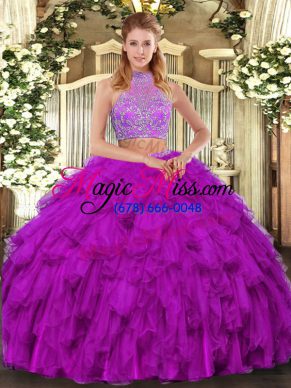 Fuchsia Sleeveless Organza Criss Cross Quince Ball Gowns for Military Ball and Sweet 16 and Quinceanera