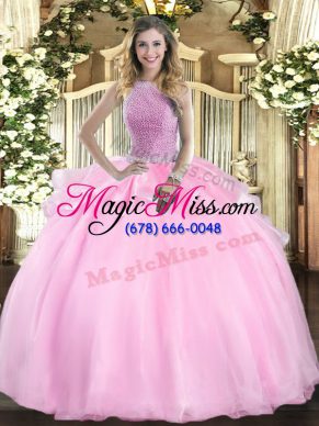 Stunning High-neck Sleeveless Sweet 16 Dresses Floor Length Beading Pink Organza