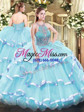 Tulle Halter Top Sleeveless Lace Up Beading and Ruffled Layers Quince Ball Gowns in Aqua Blue