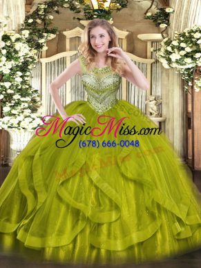 Sumptuous Scoop Sleeveless Lace Up Quince Ball Gowns Olive Green Tulle