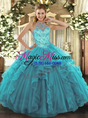 Teal Organza Lace Up Sweet 16 Dress Sleeveless Floor Length Beading and Embroidery and Ruffles