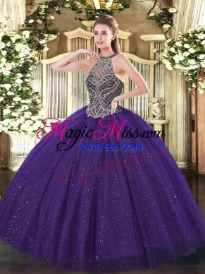 Amazing Purple Quince Ball Gowns Military Ball and Sweet 16 and Quinceanera with Beading Halter Top Sleeveless Lace Up