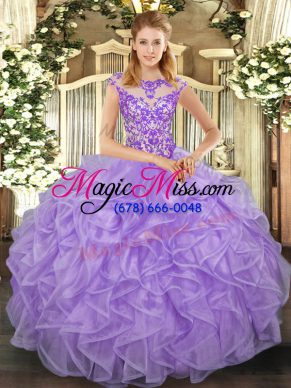 Lavender Cap Sleeves Beading and Appliques and Ruffles Floor Length Vestidos de Quinceanera