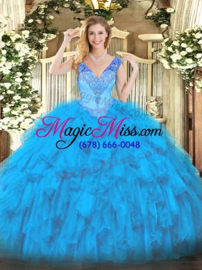 Baby Blue Sleeveless Floor Length Beading and Ruffles Lace Up Quinceanera Gown