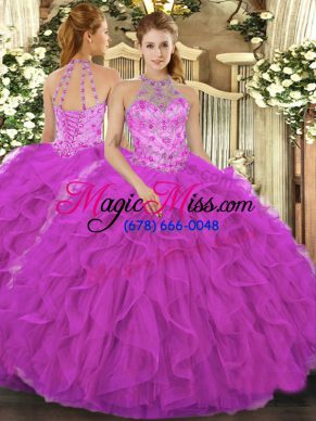 Sleeveless Floor Length Beading and Embroidery and Ruffles Lace Up Ball Gown Prom Dress with Fuchsia