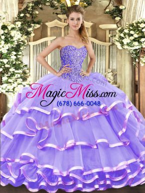 Floor Length Lace Up 15th Birthday Dress Lavender for Military Ball and Sweet 16 and Quinceanera with Beading and Ruffled Layers