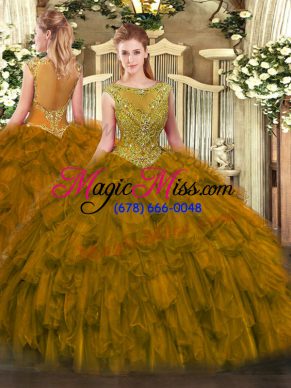 Brown Organza Zipper Quinceanera Dresses Sleeveless Floor Length Beading and Ruffles