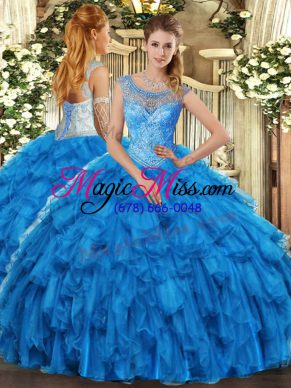 Floor Length Baby Blue Vestidos de Quinceanera Scoop Sleeveless Lace Up