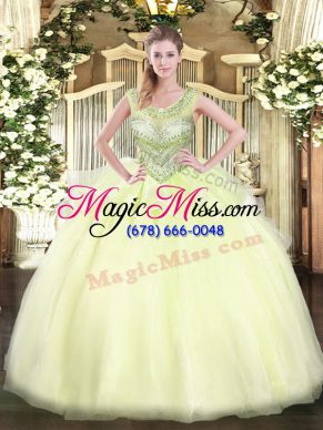 Glittering Sleeveless Floor Length Beading Lace Up Ball Gown Prom Dress with Light Yellow