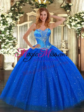 Fancy Floor Length Royal Blue Quince Ball Gowns Sweetheart Sleeveless Lace Up