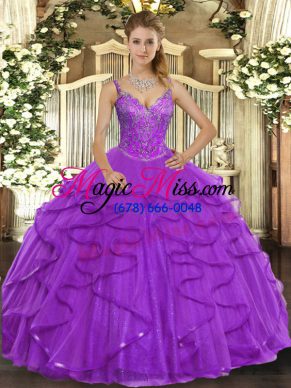 Stunning Eggplant Purple Sleeveless Floor Length Beading and Ruffles Lace Up Quinceanera Dress