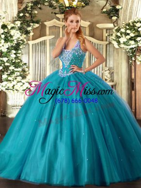 Excellent Ball Gowns Sweet 16 Quinceanera Dress Teal Straps Tulle Sleeveless Floor Length Lace Up