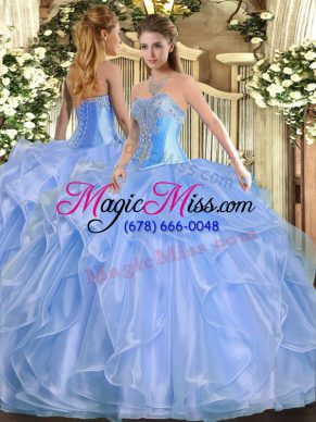 Eye-catching Baby Blue Lace Up Ball Gown Prom Dress Beading and Ruffles Sleeveless Floor Length