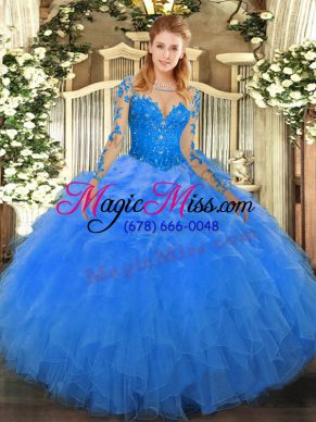 Sweet Organza Scoop Long Sleeves Lace Up Lace and Ruffles Sweet 16 Dress in Blue