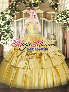 Customized Beading and Ruffled Layers 15 Quinceanera Dress Gold Lace Up Sleeveless Floor Length