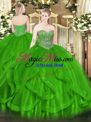 Clearance Green 15 Quinceanera Dress Military Ball and Sweet 16 and Quinceanera with Beading and Ruffles Sweetheart Sleeveless Lace Up