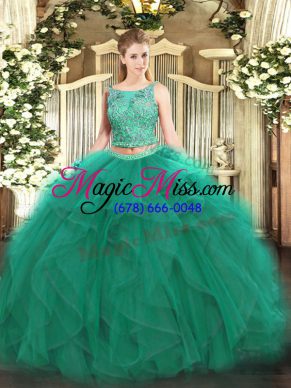 Turquoise Scoop Neckline Beading and Ruffles Ball Gown Prom Dress Sleeveless Lace Up