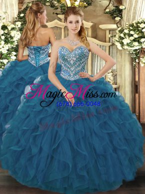 Sophisticated Teal Sweetheart Lace Up Beading and Ruffled Layers Sweet 16 Dresses Sleeveless