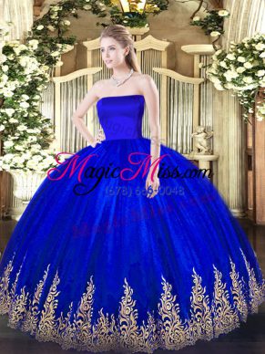 Blue Sweet 16 Dresses Military Ball and Sweet 16 and Quinceanera with Appliques Strapless Sleeveless Zipper