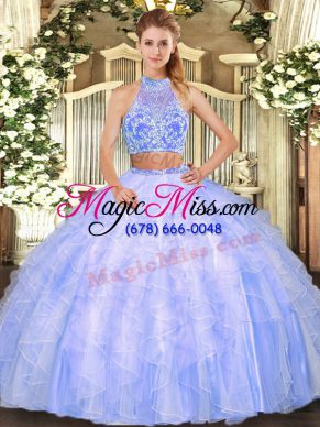 Luxury Halter Top Sleeveless Tulle Quinceanera Gowns Ruffles Criss Cross