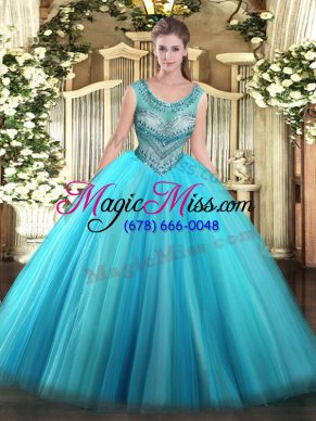 Delicate Sleeveless Tulle Floor Length Lace Up Quinceanera Dresses in Baby Blue with Beading