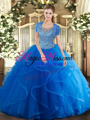 Colorful Royal Blue Quinceanera Gown Military Ball and Sweet 16 and Quinceanera with Beading and Ruffles Scoop Sleeveless Clasp Handle