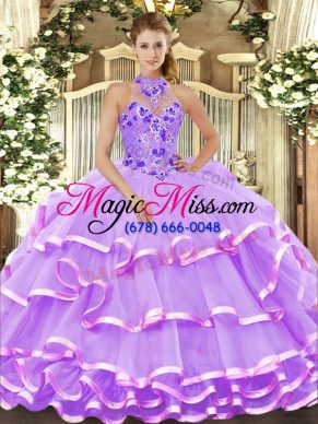 Dramatic Lavender Sleeveless Floor Length Beading and Embroidery and Ruffled Layers Lace Up Quinceanera Dresses