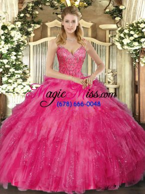 Pretty Hot Pink Lace Up 15 Quinceanera Dress Beading and Ruffles Sleeveless Floor Length