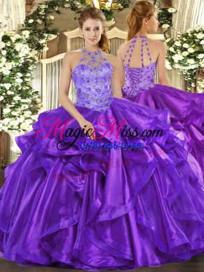 Glittering Beading and Embroidery and Ruffles Sweet 16 Dresses Purple Lace Up Sleeveless Floor Length