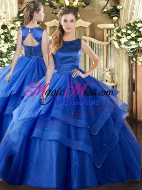 Super Blue Quinceanera Gown Military Ball and Sweet 16 and Quinceanera with Ruffled Layers Scoop Sleeveless Lace Up