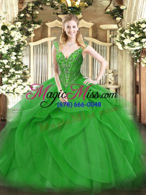 Flirting Green V-neck Lace Up Beading and Ruffles Sweet 16 Dress Sleeveless