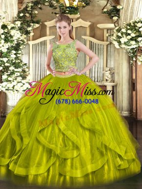 Pretty Scoop Sleeveless Ball Gown Prom Dress Floor Length Beading and Ruffles Olive Green Organza