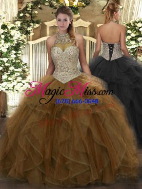 Brown Sleeveless Beading and Ruffles Floor Length Quinceanera Gown