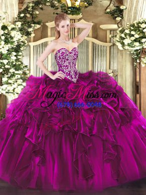 Customized Sweetheart Sleeveless Lace Up 15th Birthday Dress Fuchsia Organza