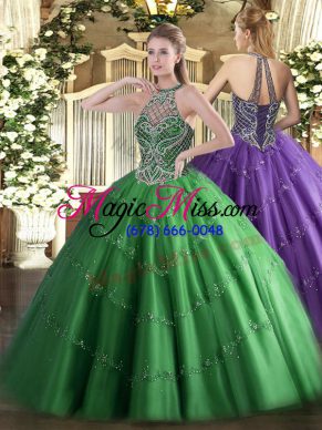 Inexpensive Green Lace Up Halter Top Beading Quinceanera Dresses Tulle Sleeveless