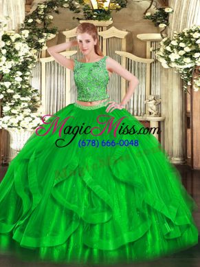 Green Two Pieces Scoop Sleeveless Organza Floor Length Lace Up Beading and Ruffles Vestidos de Quinceanera