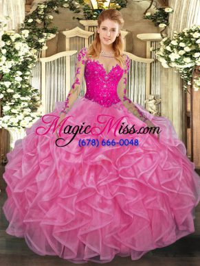 Pretty Rose Pink Ball Gowns Scoop Long Sleeves Organza Floor Length Lace Up Lace and Ruffles Sweet 16 Dresses