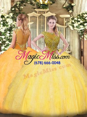 Gold Sleeveless Beading and Ruffles Floor Length Ball Gown Prom Dress