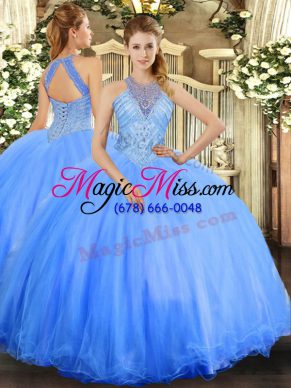 Blue Halter Top Neckline Beading Quinceanera Gowns Sleeveless Lace Up