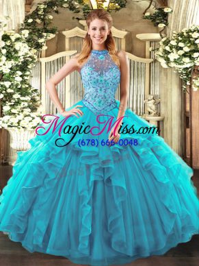 Affordable Organza Halter Top Sleeveless Lace Up Beading and Ruffles Sweet 16 Quinceanera Dress in Teal