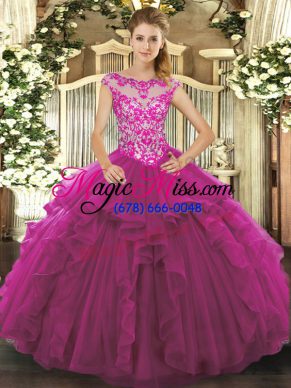 Fuchsia Organza Lace Up Sweet 16 Quinceanera Dress Sleeveless Floor Length Beading and Ruffles