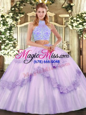 Fitting Lavender Sleeveless Tulle Lace Up Quinceanera Dresses for Military Ball and Sweet 16 and Quinceanera